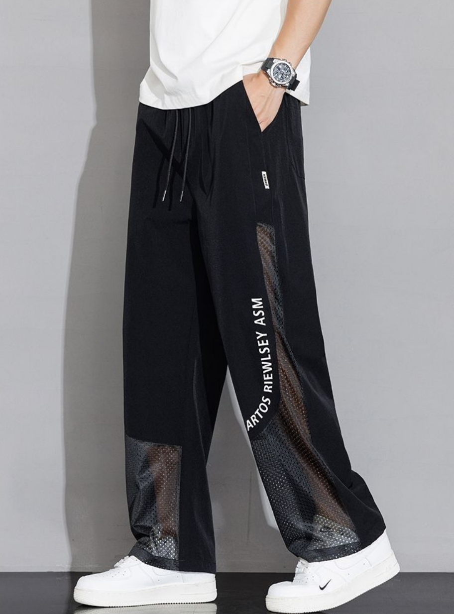 寬鬆網紗運動闊腳褲 - 黑色